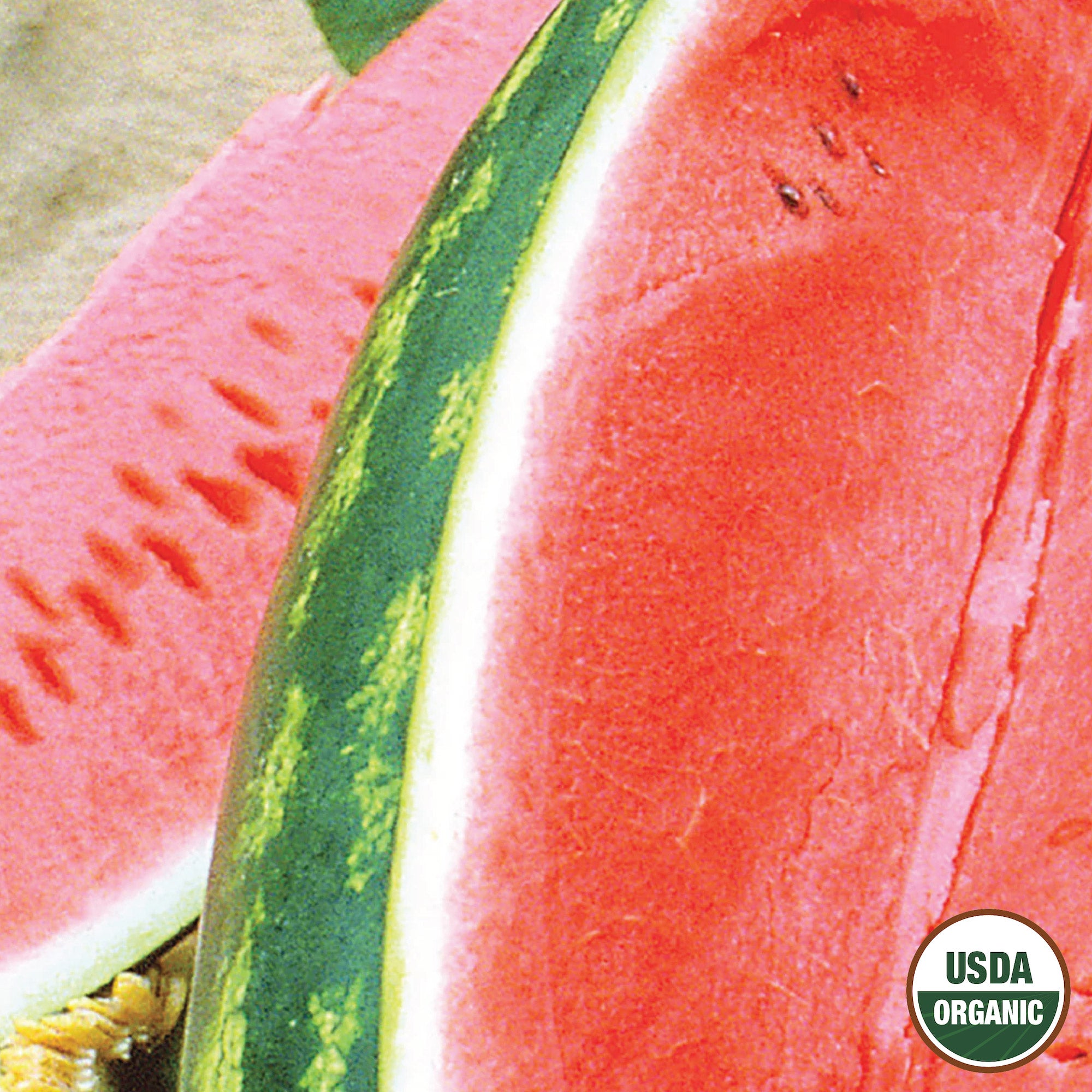 A close-up of a watermelon with a slice cut out, showing the red flesh and green skin with stripes.